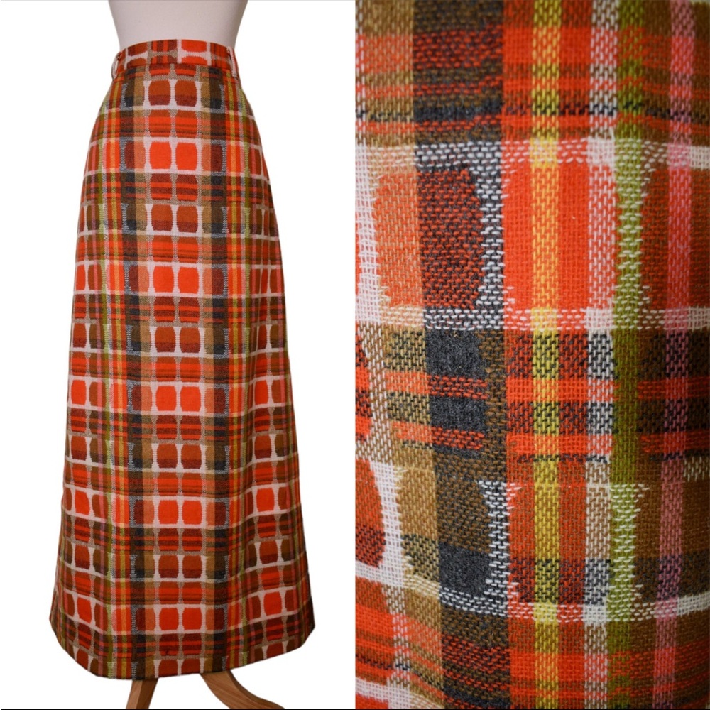 VTG wool plaid autumnal rainbow maxi skirt